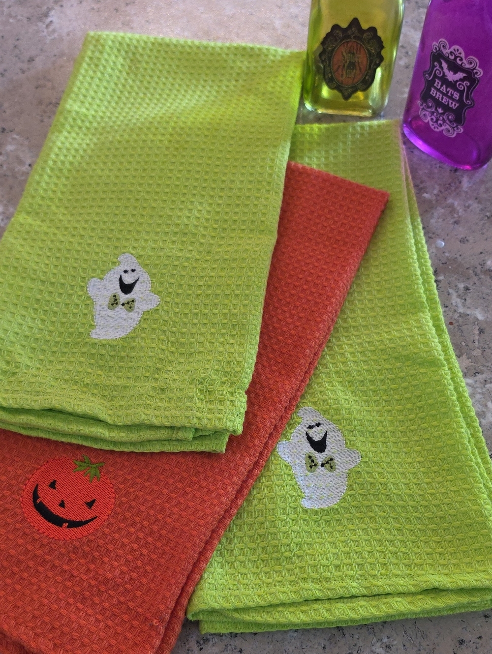 Halloween Ghost & Pumpkin Kitchen Towels And Decoration Bundle Green & Orange